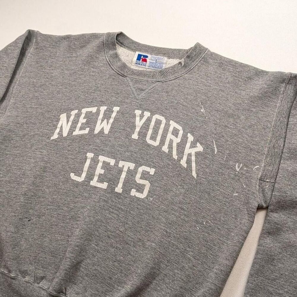 Vintage New York Jets Paint Splatter Crewneck Russell Athletic GUSSETED Grey L